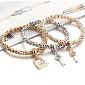 Set of 3 Stackable Bracelets w Lock and Key Shape Pendant
